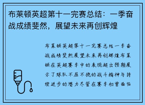 布莱顿英超第十一完赛总结:一季奋战成绩斐然,展望未来再创辉煌 布莱顿英超第十一完赛总结:一季奋战成绩斐然,展望未来再创辉煌