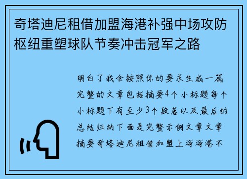 奇塔迪尼租借加盟海港补强中场攻防枢纽重塑球队节奏冲击冠军之路